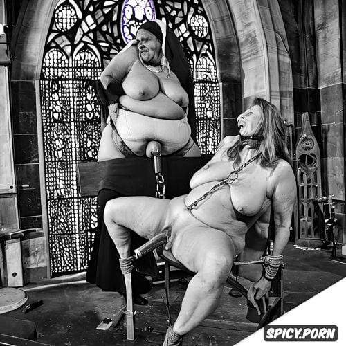 ultra detailed, happy, chained up, bound, fat, gray pussy, church
