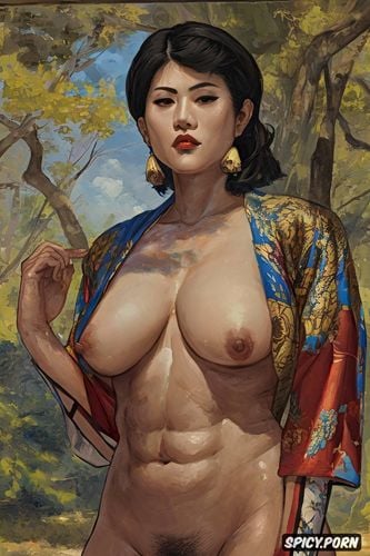 abs, small breasts, fat thighs, broad shoulders, old japanese woman with small drooping tits