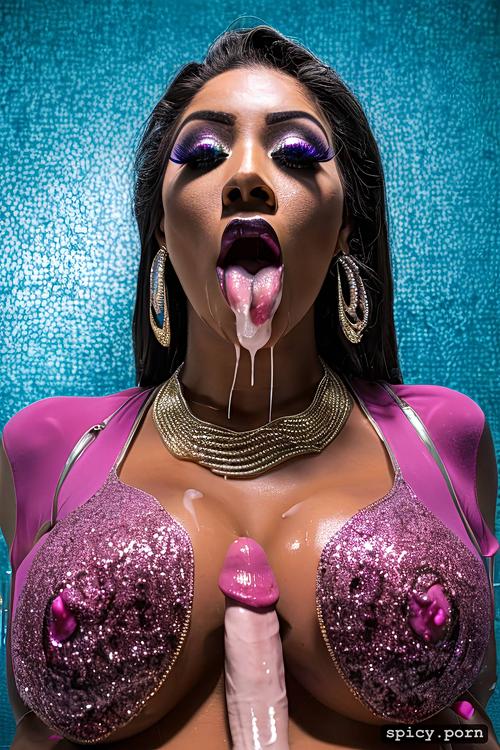 in a high resolution 4k image many colors an 30 year old berber woman adorned with hair jewelry staring straight into camera with tongue out in a face portrait with a very long neck in a necklace sticking her very long tongue out in the camera tongue ring long tongue pink tongue tongue out cum on tongue cum all over face pov bukkake bimbo pouty lips square jaw glitter lipstick bukkake