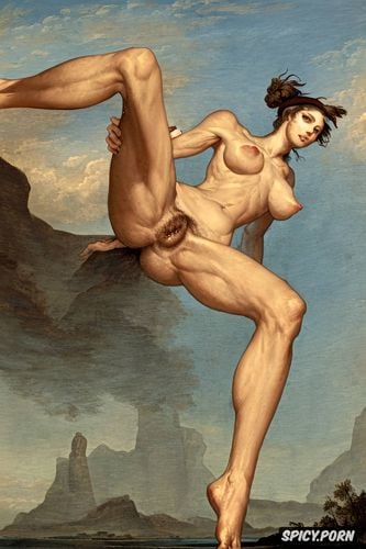 muscular, long neck, spreading her legs, innocent, large hands