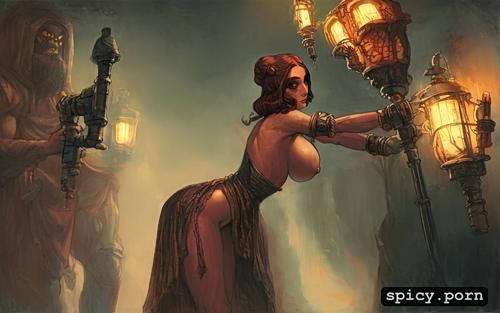 dark lighting, female, medium boobs, female warrior, rembrandt