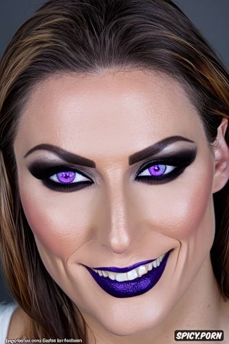 big eyes, white female, teeth, close up face, purple eyeshadow