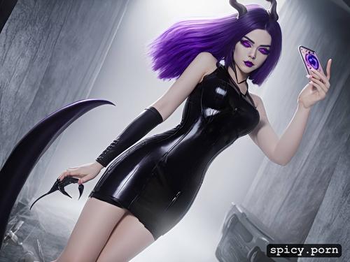 selfie, black demonic tail, sharp focus, purple hair, cheerleader