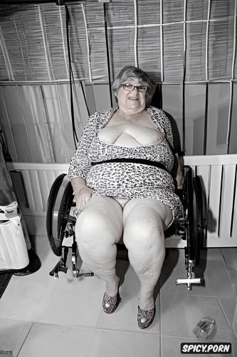 flabby, very old granny naked, smiling, spreading legs, very fat