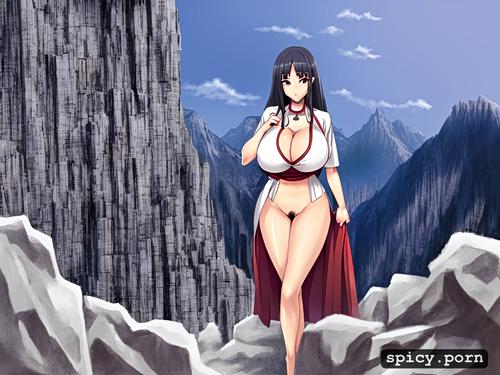 mountains, pretty face, massive tits, chinese female, black hair