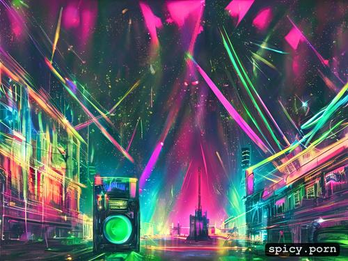 rave party scene light show, location in old factory, very strong and muscular