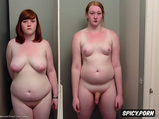 standing, two pretty face, fat body, cute faces, puffy areolas very tiny underdeveloped floppy small erect penis