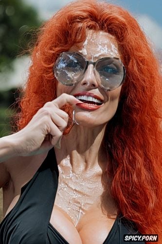 laughing, red wigs, massive hexagonal glasses, beautiful, giant veiny tits