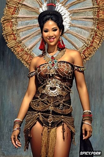 bali female dancer, nude, colored, very slim teen body, detailed face