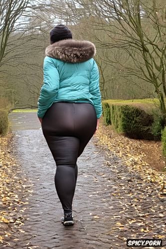 stone ruins in the background, the leggings accentuating every curve of her lower body