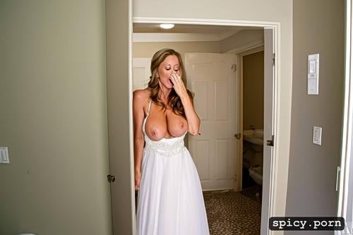 slutty bride, elegant white wedding dress, wife hiding from husband in bathroom