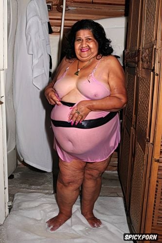 visible pussy, thick, she smile, flabby loose belly skin, wearing a wet sleeveless loose coton light pink night gown