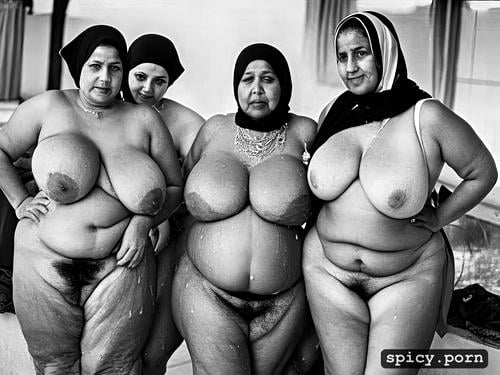open hijab, many belly curves, obese arabic grannies group, real human anatomy