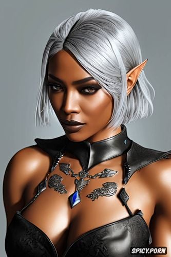 ultra realistic, topless, fantasy female assassin queen dragon age beautiful face ebony skin silver hair full body shot