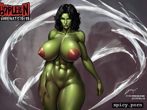 she hulk, enormous round tits, sultry, shaved pussy, slim body