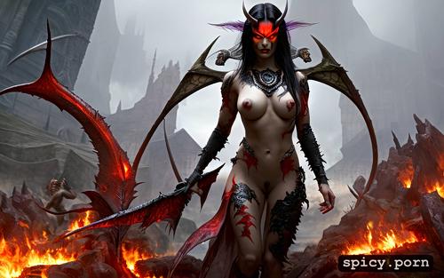 female demon, naked, detailed, gameplay, lilith, realistic, hell