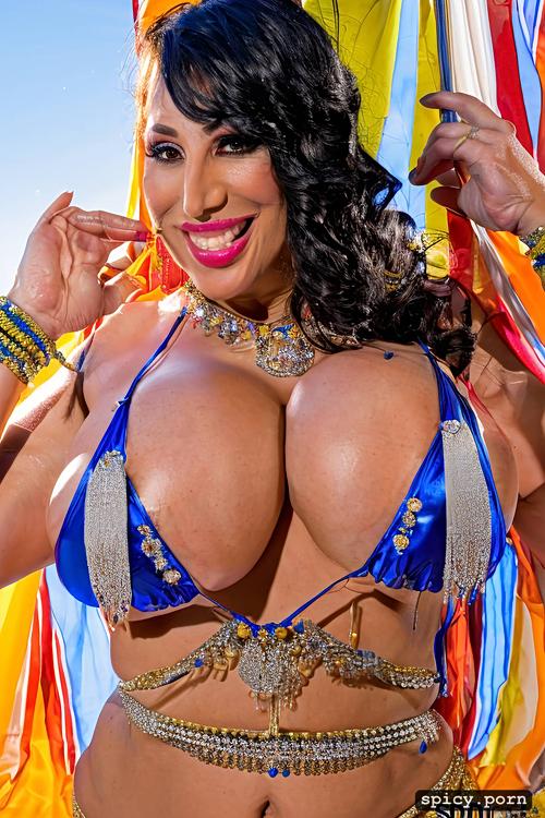 color photo, 44 yo beautiful thick american bellydancer, huge hanging boobs