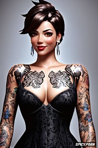 tattoos masterpiece, k shot on canon dslr, ultra detailed, tracer overwatch beautiful face young tight low cut black lace wedding gown tiara