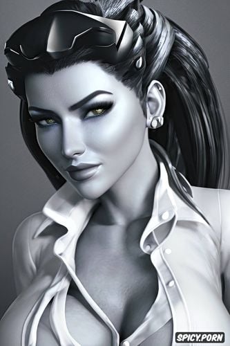 masterpiece, widowmaker overwatch female president of the united states black blazer white shirt shirt unbuttoned beautiful face full lips milf