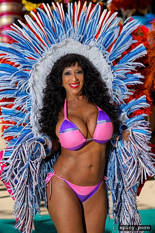 front view, long hair, color photo, intricate costume with matching bikini top