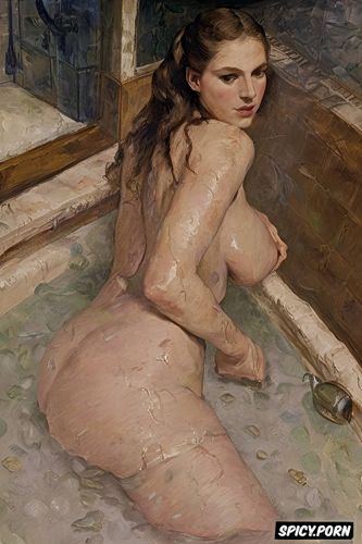 textured impasto oil paint, intimate tender lips, taking a bath