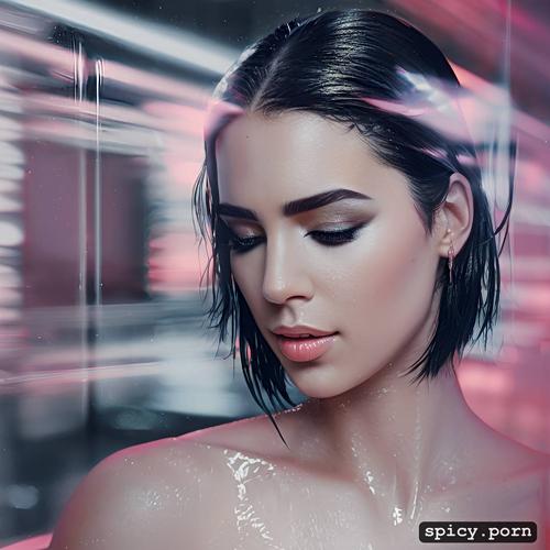 dua lipa, short straight black hair, loving look, pastel colors