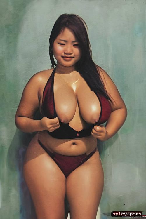 solid colors, brown hair, curvy body, cleavage, showing pussy