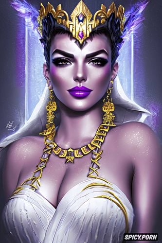 masterpiece, sombra overwatch beautiful face milf tattoos flowing low cut white greek robes golden greek wreath crown busty smirking portrait