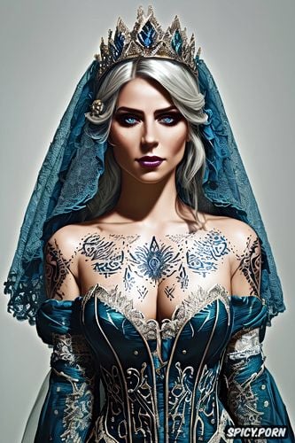 tattoos masterpiece, ultra detailed, ciri the witcher beautiful face young tight low cut dark blue lace wedding gown tiara