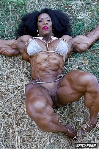 bulging biceps, jacked, goddess, six pack abs, thick legs, red lipstick