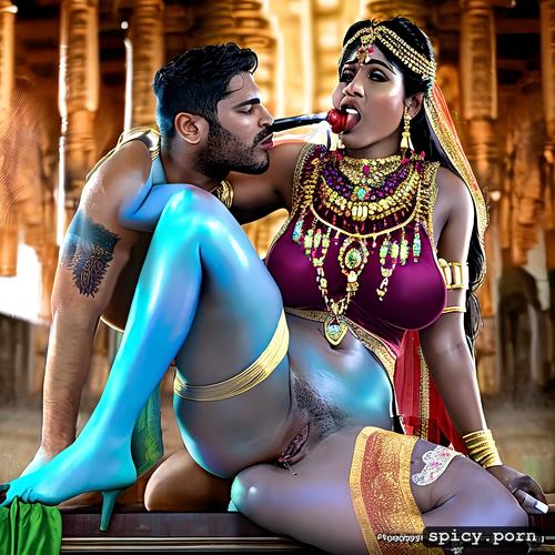 hindu temple, tanned skin, kamasutra, husband biting his wife s extremely large breast