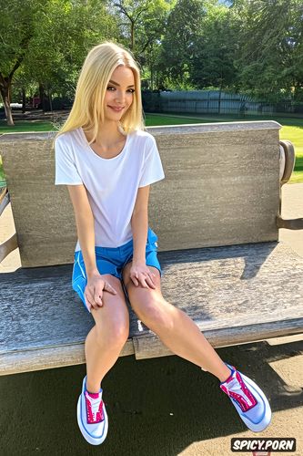 sexy hot color photo of thin sexy blonde, leaked photo, only wearing sneakers and a t shirt barely clothed no pants