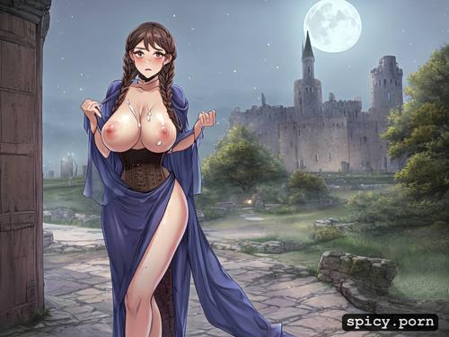 moonlight, soft facial features, tall ancient castle, puffy nipples