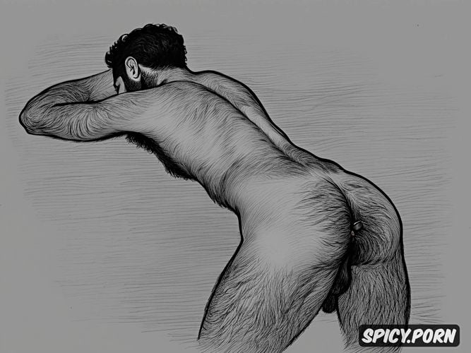 dark hair, natural thick eyebrows, artistic nude sketch of bearded hairy men having gay anal sex