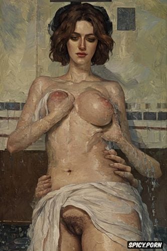 cézanne oil painting, victorian gown, touching breasts tiled bathing