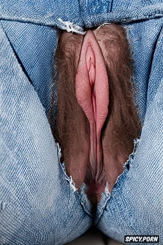 legs spread denim with cutout for pussy view looking up into very hairy pussy