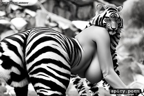 seductive face, furry, 40 yo, tiger woman, animalistic, giant breasts