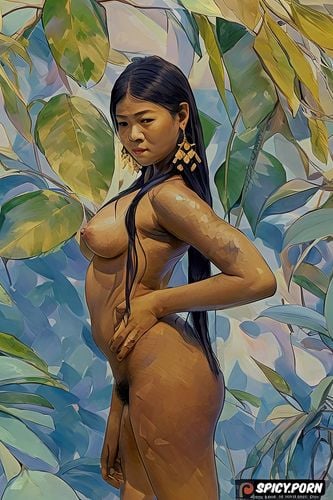 feather earrings, wide hips, dark skin, fauvism, topless, jungle