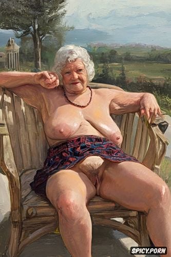 direct frontal full shot, wrinkles big fat legs, the very old fat grandmother queen skirt has nude pussy under her skirt