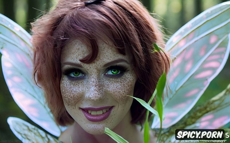 pink nipples, closeup portrait, smile, in the forest, fairy makeup