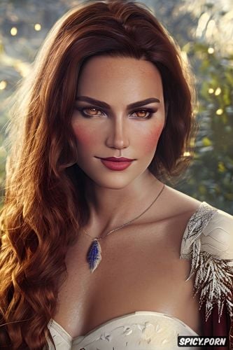 k shot on canon dslr, masterpiece, innocent, bethany hawke dragon age beautiful face pale kissed skin long soft dark red hair