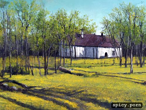 oaks, elms, alone house on the prarie wild west russia, sunny day