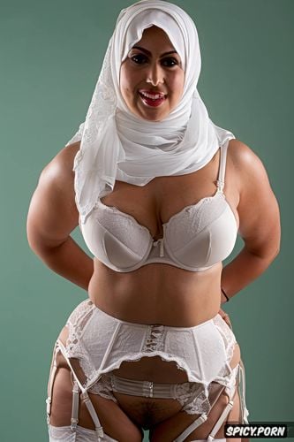 naked in simple olive hijab, symmetry, oiled white lace transparent garter belt