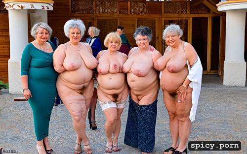 massive belly, wide hips, massive boobs, massive balls, group of naked obese grannies with dicks
