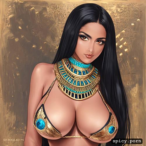 beautiful brown egyptian woman, long hair, egyptian jewelry