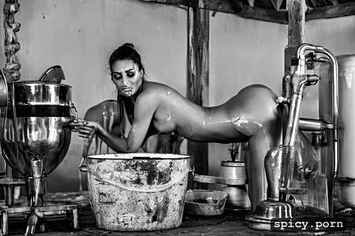 woman sitting and milking, style photo, milking machine attached to nipples