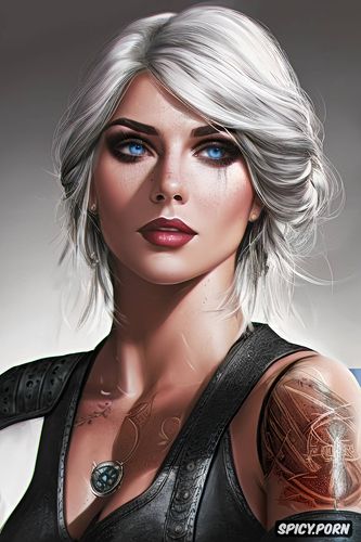 tattoos masterpiece, k shot on canon dslr, ultra detailed, ciri the witcher beautiful face young tight low cut outfit