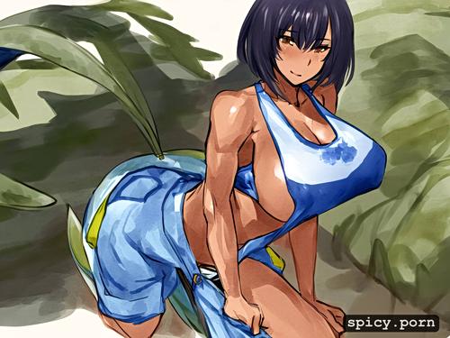 blue and white tank top and cargo pants, muscular body, anthro mako shark