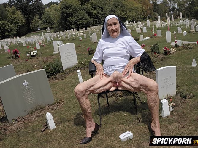 catholic nun, pale, very old granny, cemetery, spreading cellulite legs