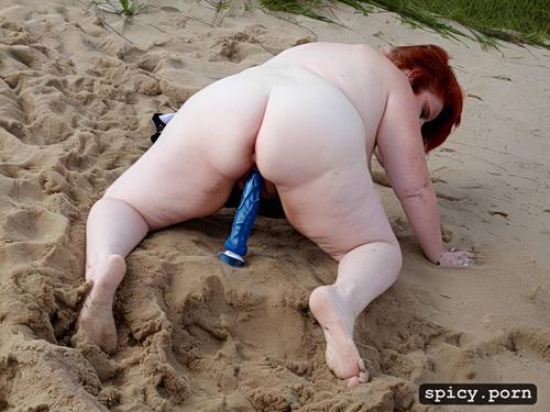 pale, chubby, redhead, short hair, on a beach riding a dildo while deepthroating big penis